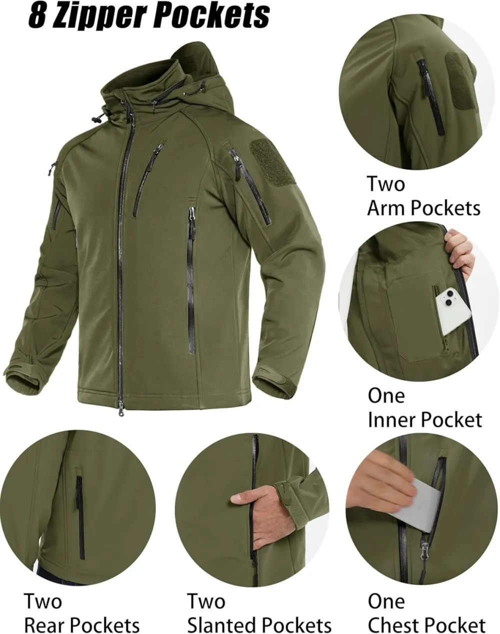 Men's Tactical Jacket 8 Pockets Water Resistant Jacket Softshell Fleece Lined Jacket Winter Coats Ski Jacket