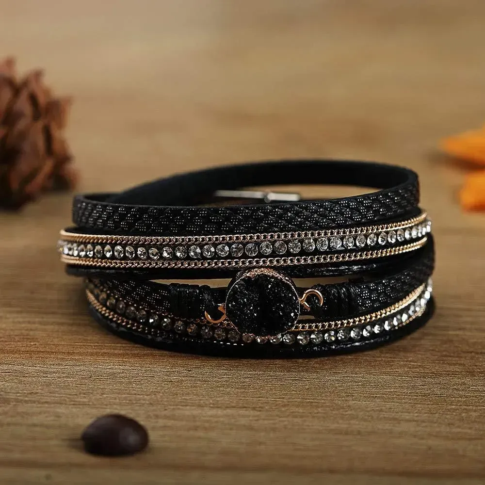 Fesciory Leather Wrap Bracelets for Women, Boho Leopard Multi-Layer Crystal Beads Cuff Bracelet Jewelry