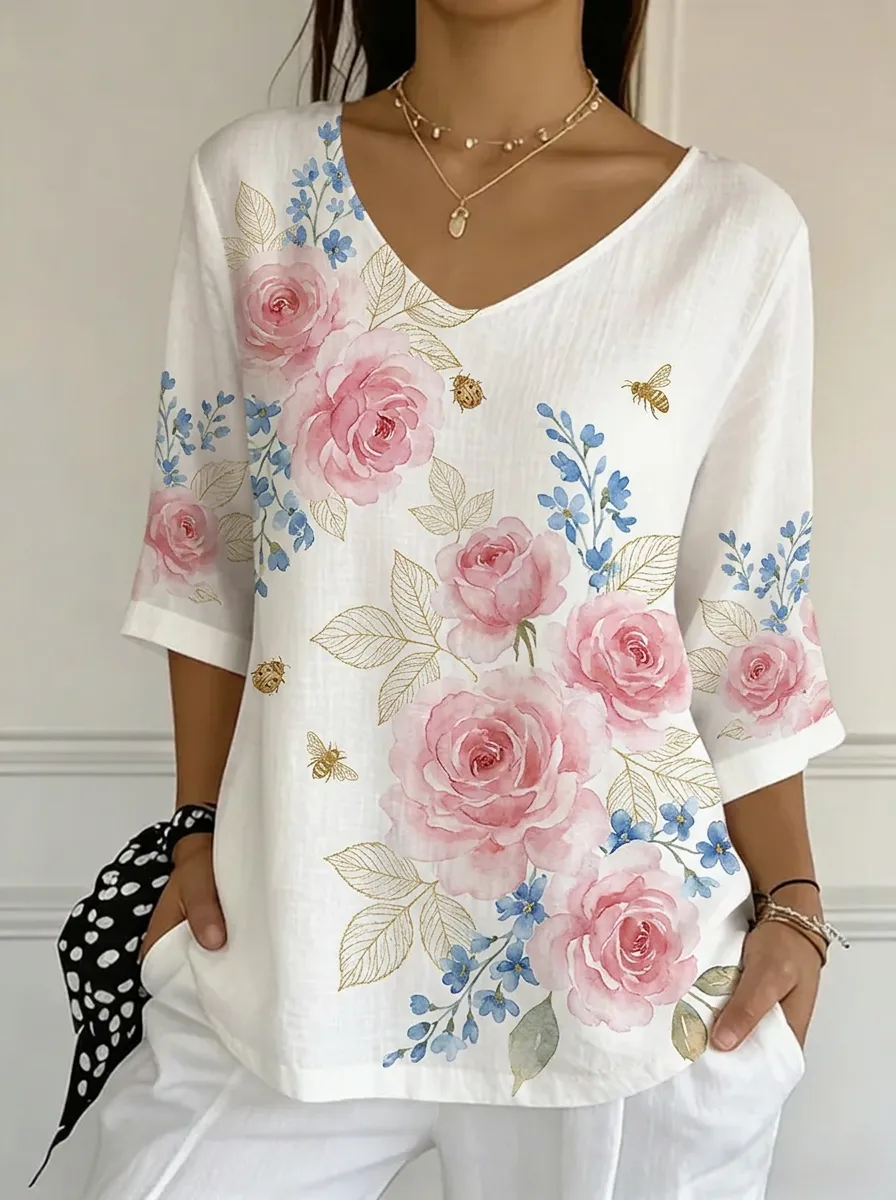 Women's Nashville Floral Bee Rose Printed V-neck Top