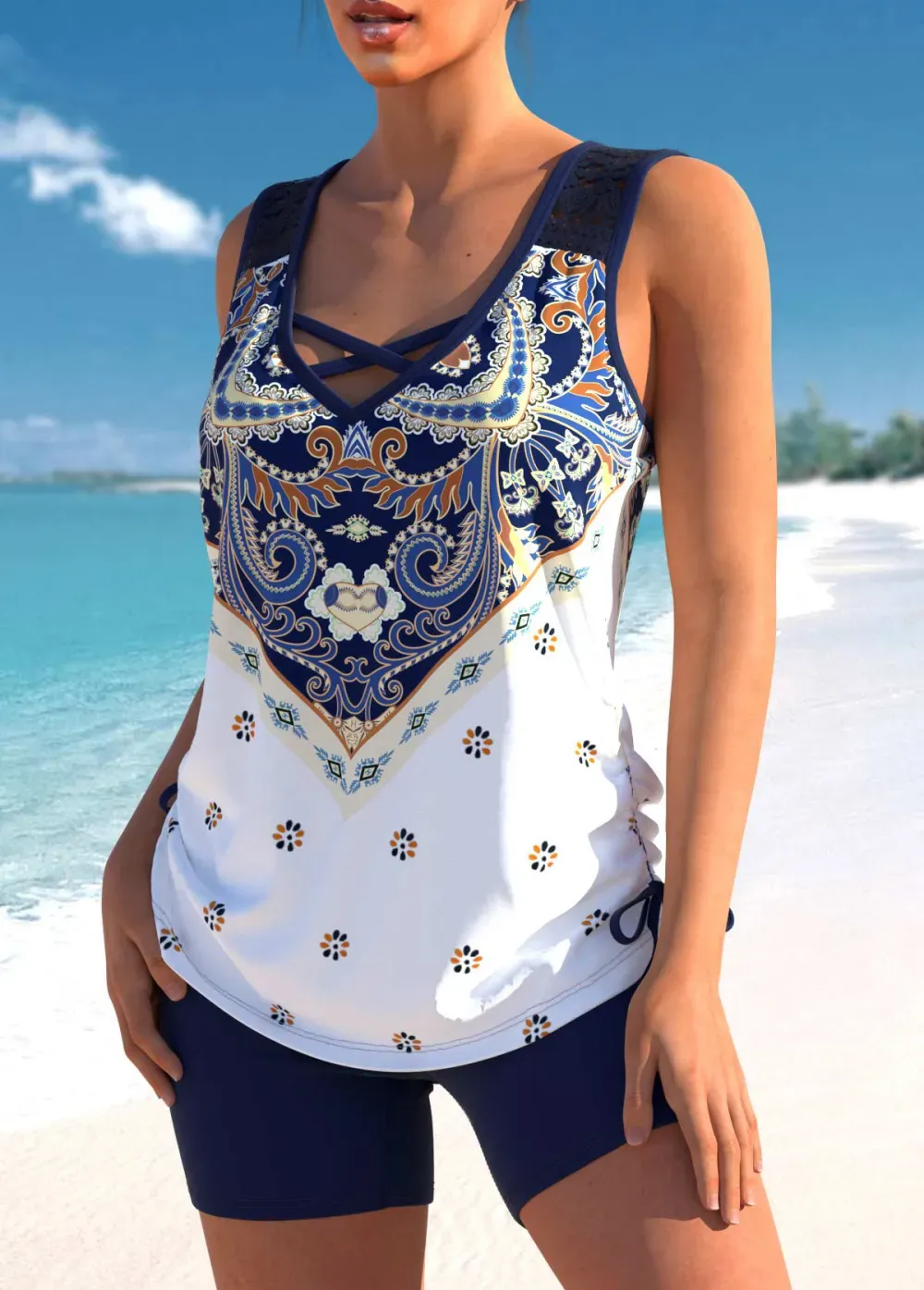Floral Print Black Cross Strap Tankini Set