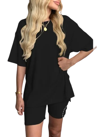 Women's Solid Color Tee & Shorts Loungewear Set