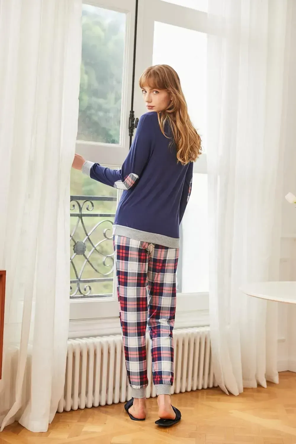 Women's Pajamas Sets Long Sleeve with Plaid Pants Soft Sleepwear O Neck 2 Piece Pjs Joggers Loung Set with Pockets