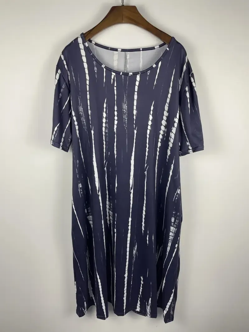 Plus Size Boho Dress, Women's Plus Strip Short Sleeve Round Neck Slight Stretch Tee Dress With Pockets