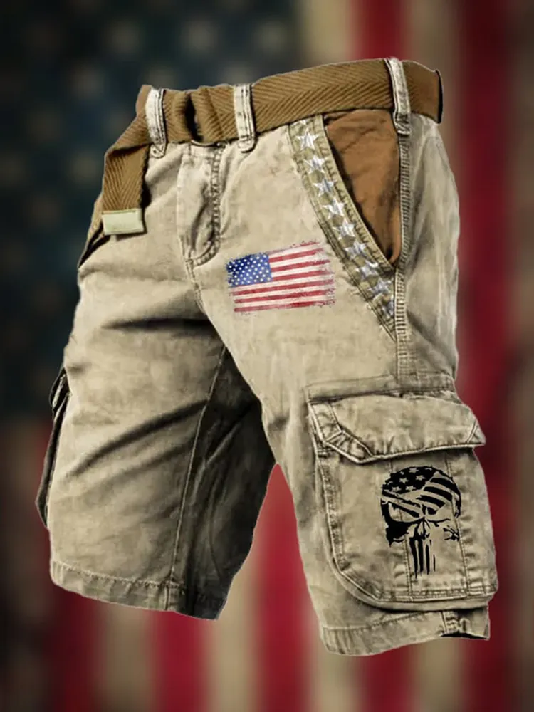 Men'S Vintage Flag Independence Day Multi-Pocket Print Cargo Shorts