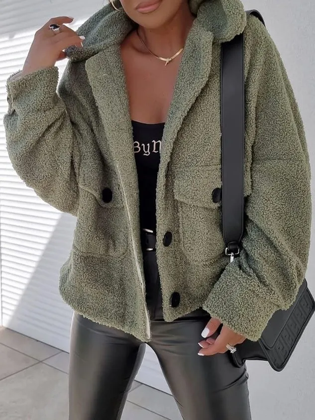 Fluff/Granular Fleece Fabric Loose Plain Casual Teddy Jacket