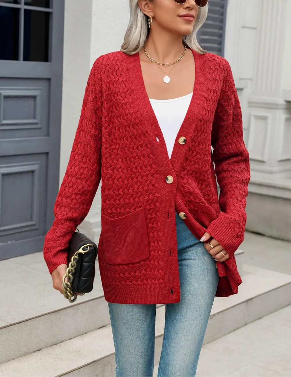 Womens 2024 Long Sleeve Chunky Cable Knit Fall Cardigans Sweaters Button Down Open Front Outerwear with Pockets