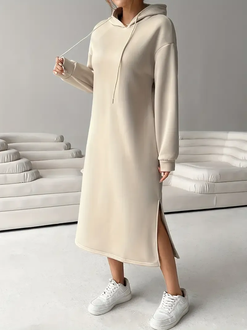 Women's Letter Print Drawstring Hooded Sweatshirt Dress, Long Sleeve Loose Casual Fall Winter Dress