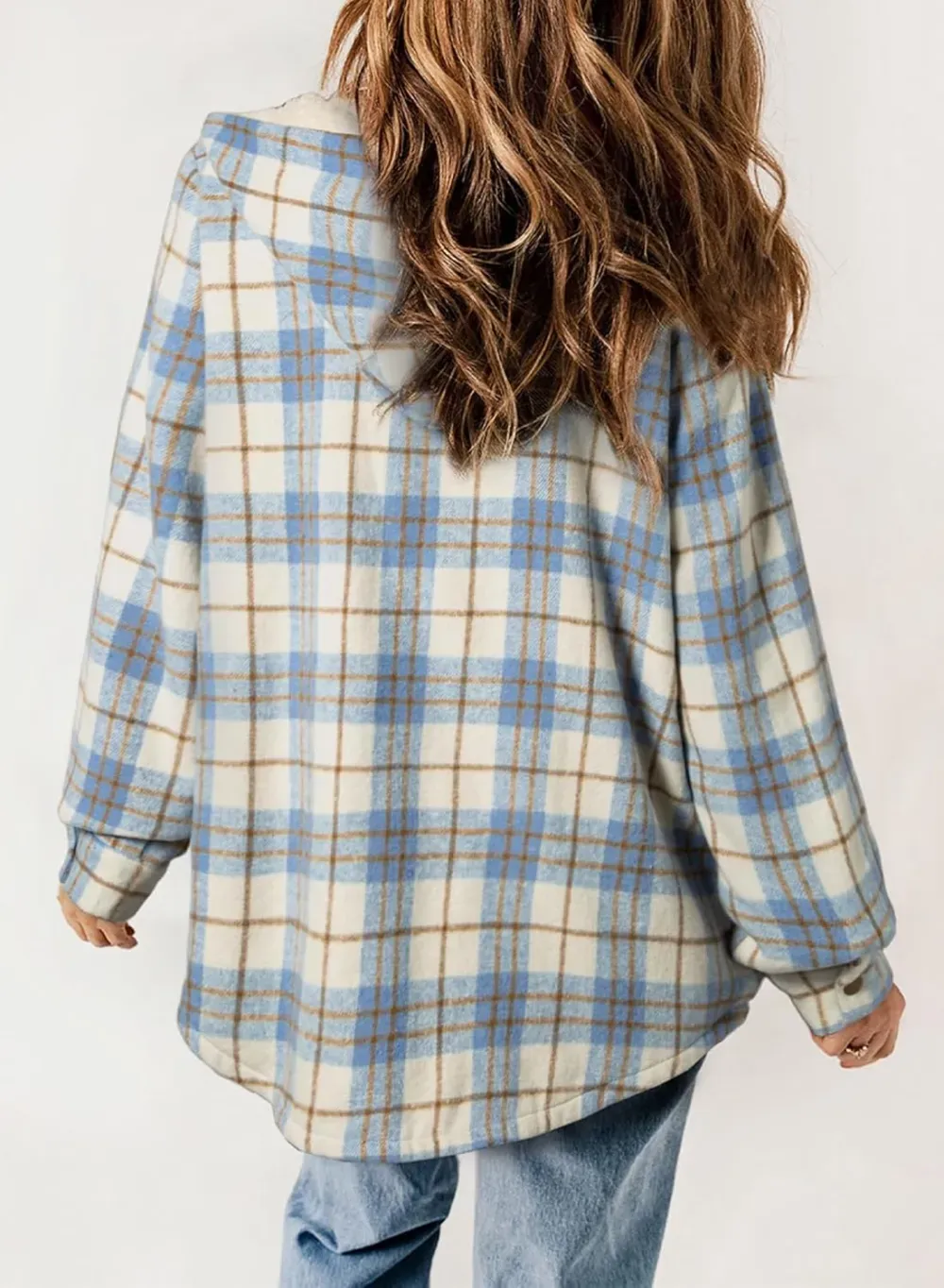Womens Plaid Shacket Jacket Long Sleeve Button Down Fleece Hooded Jackets Warm Coat