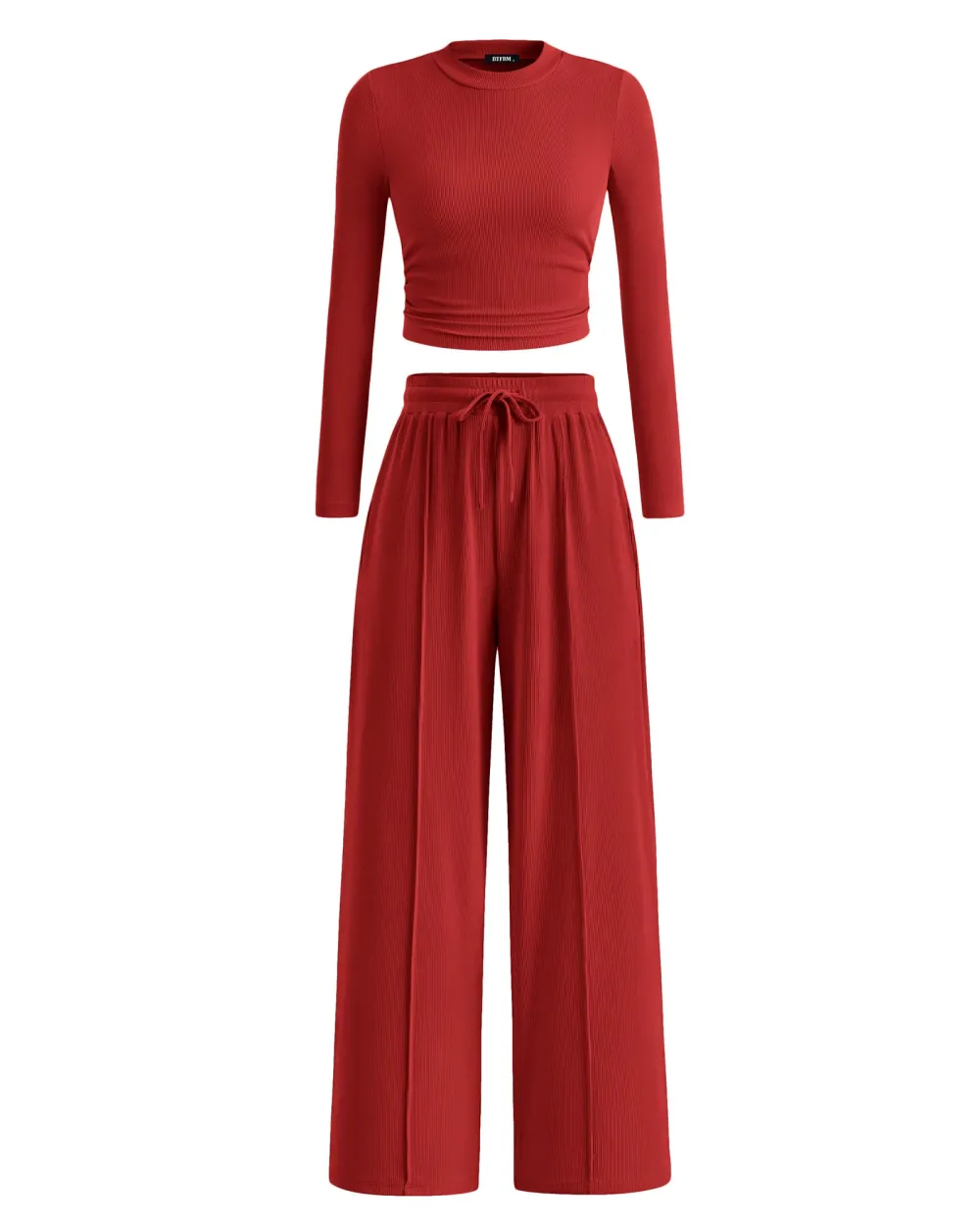 Women's 2-Piece Ribbed Knit Long Sleeve Crop Top Wide Leg Pants Matching Lounge Set Loungewear