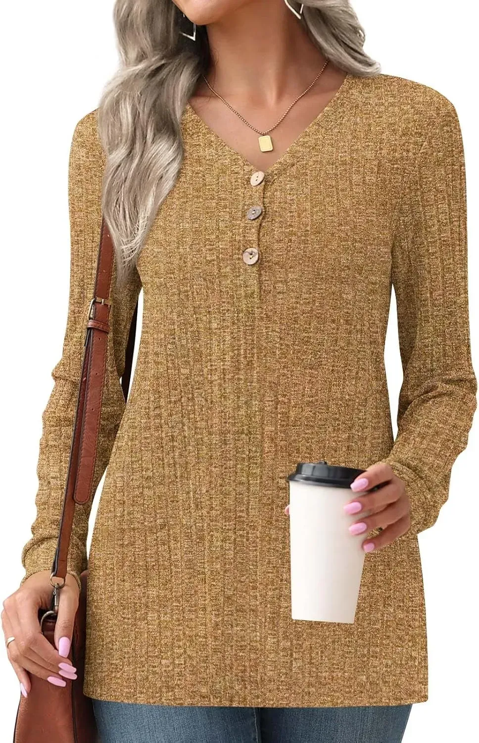 HOTGIFT Womens 2024 Fall Winter Tunic Tops Long Sleeve Casual T-Shirts Soft Comfy Stripe Blouse Lightweight