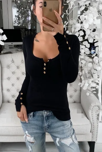 Cold Shoulder Button Low Cut Long sleeve Blouse