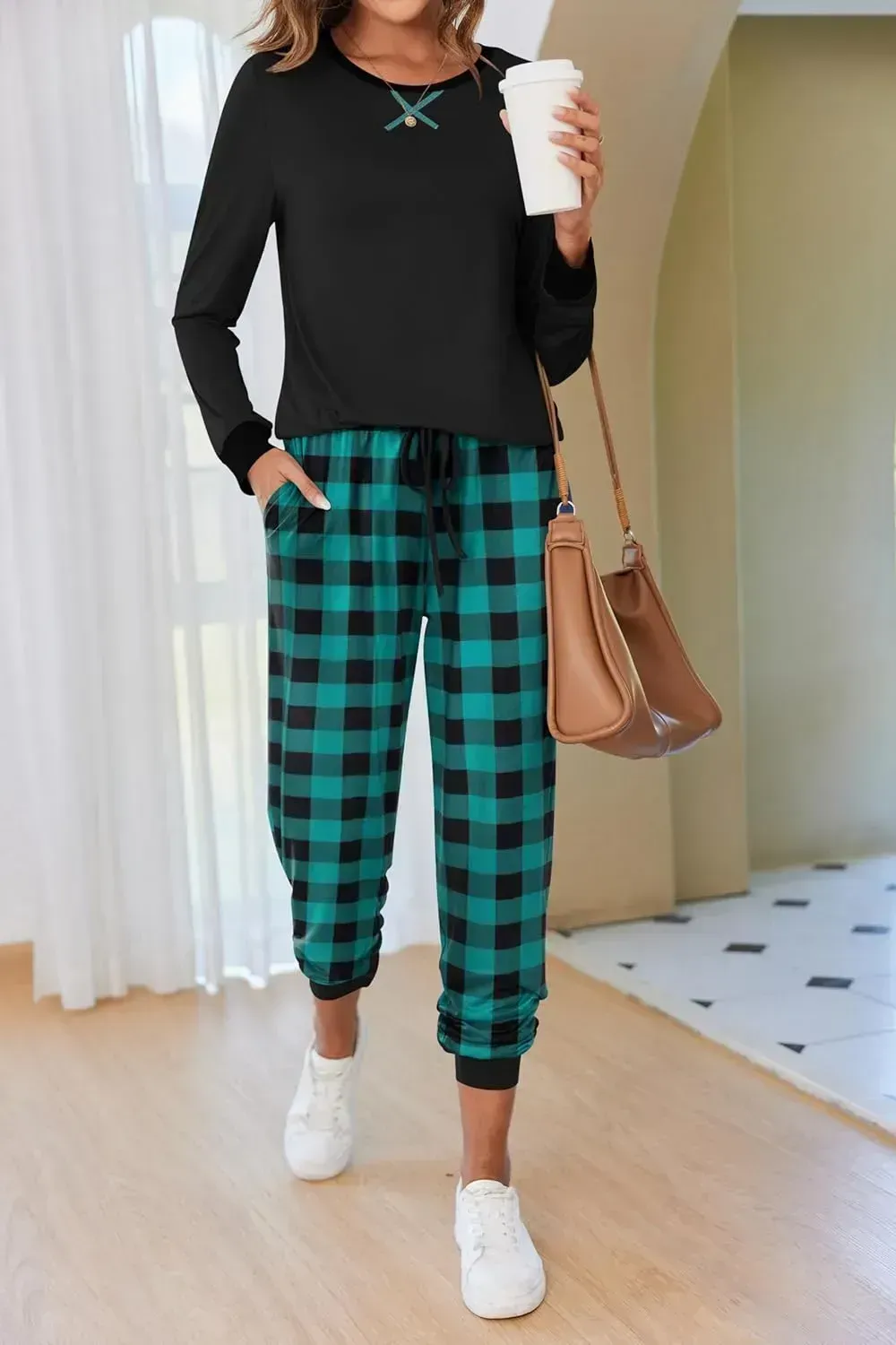Women's Pajamas Sets Long Sleeve with Plaid Pants Soft Sleepwear O Neck 2 Piece Pjs Joggers Loung Set with Pockets