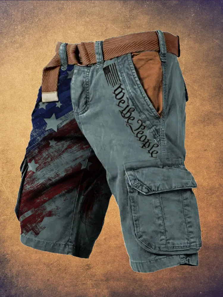 Men's Vintage Flag Independence Day We the People Print Cargo Shorts