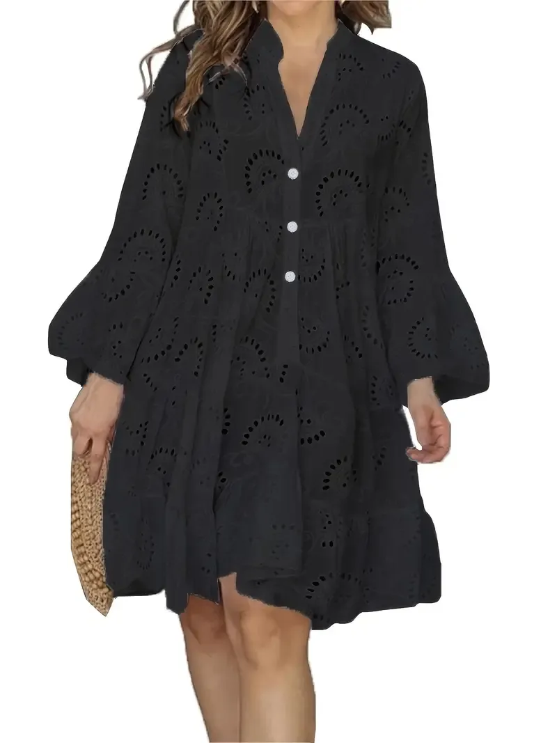 Elegant Green V-Neck Shift Dress with Embroidered Bell Sleeves