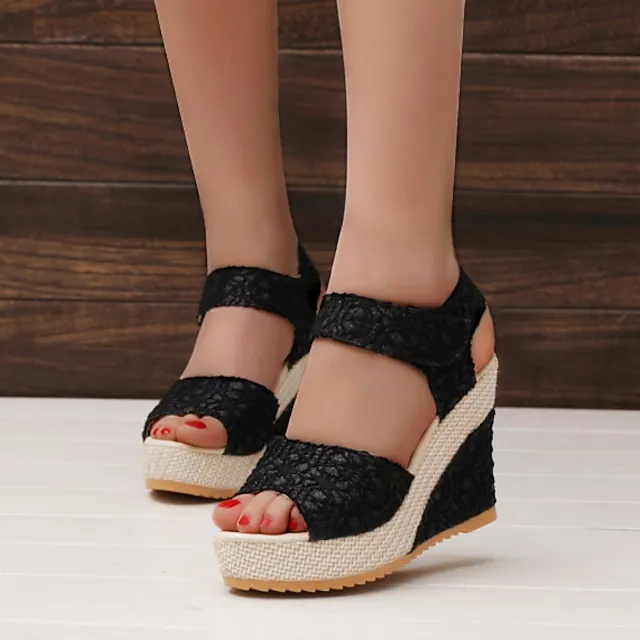 Women's Sandals Wedge Sandals Lace Wedge Heel Peep Toe Casual Polyester Mesh Magic Tape Black Beige