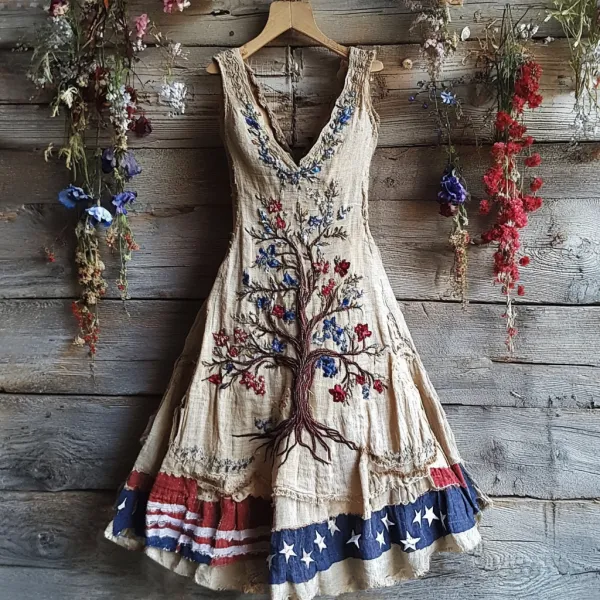 Women's Independence Day Tree Of Life Embroidered V-neck Tank Midi Dress