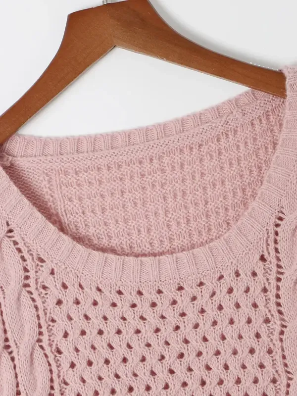 Elegant Pink Knit Sweater Dress for Women - Casual Long Sleeve, Round Neck, Bodycon Midi with Cable Knit Pattern, Perfect for Fall/Winter, 100% Polyester