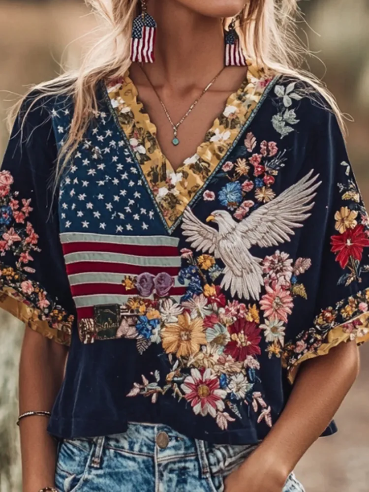Women's Independence Day Floral And Eagle Embroidered Art Print T-shirt