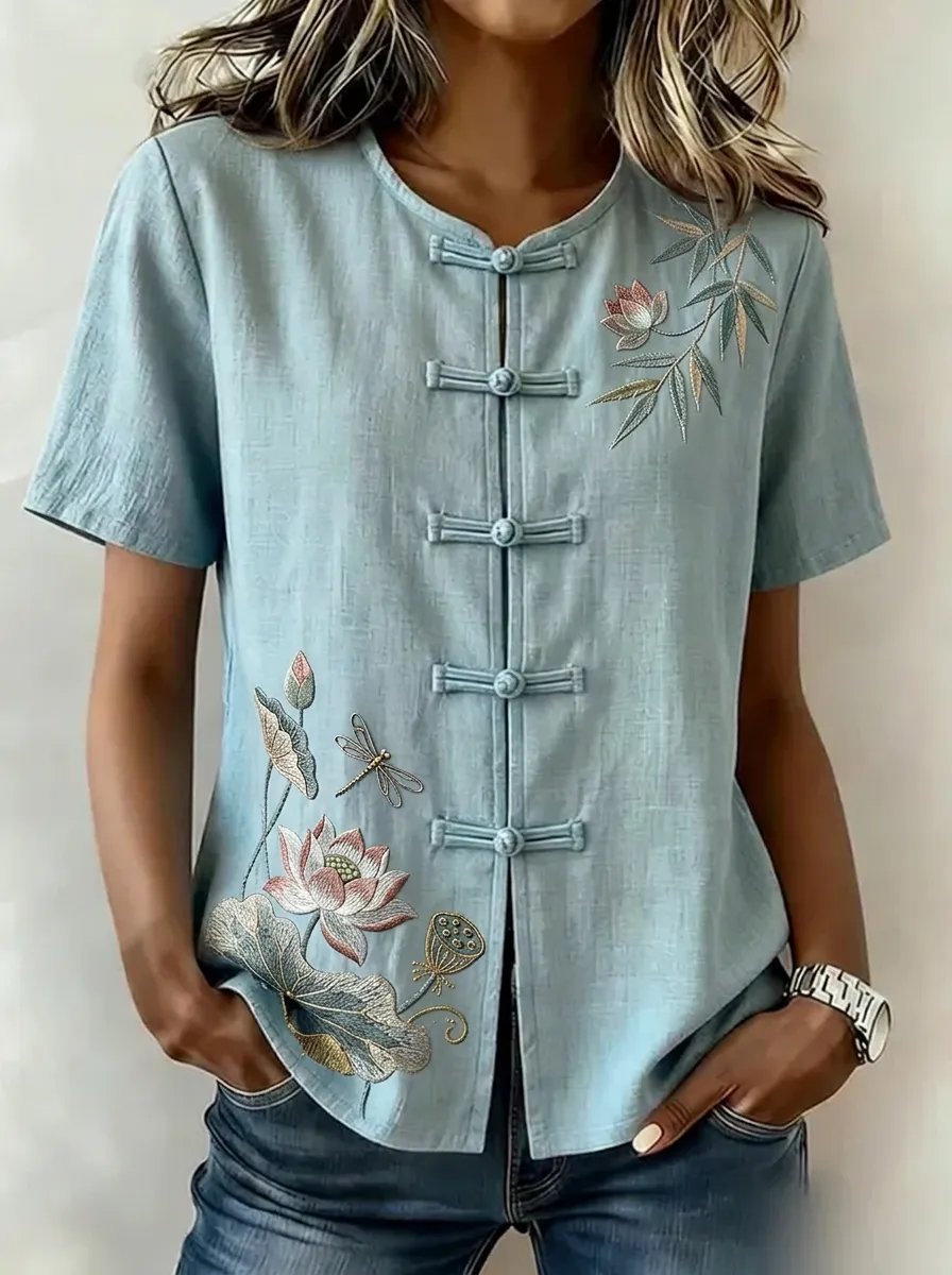 Women's Nashville Lotus Dragonfly Embroidered Linen Blend Top