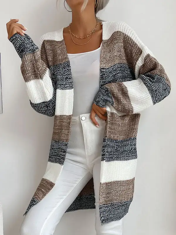 Casual Knit Cardigan Striped Colorblock Sweater Jacket