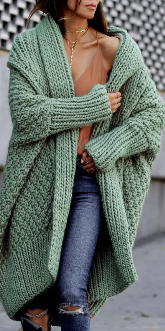 Winter women's sweater extra thick long knit coat