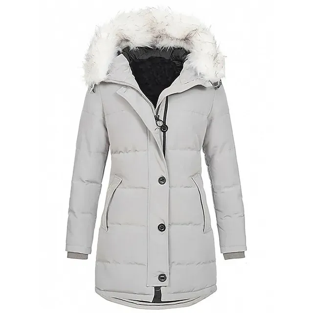 Women's Parka Thicken Puffer Jacket Fleece Winter Coat with Fur Collar Fall Warm Windproof Hooded Jacket Stylish Casual Street Jacket with Pockets Long Sleeve Black White Red
