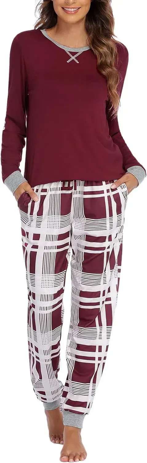 Women's Pajamas Sets Long Sleeve with Plaid Pants Soft Sleepwear O Neck 2 Piece Pjs Joggers Loung Set with Pockets