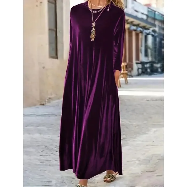 Women‘s Velvet Dress Shift Dress Caftan Dress Long Dress Maxi Dress Green Black Purple Long Sleeve Pure Color Pocket Winter Fall Spring Crew Neck Mature Winter Dress Daily Vacation 2023