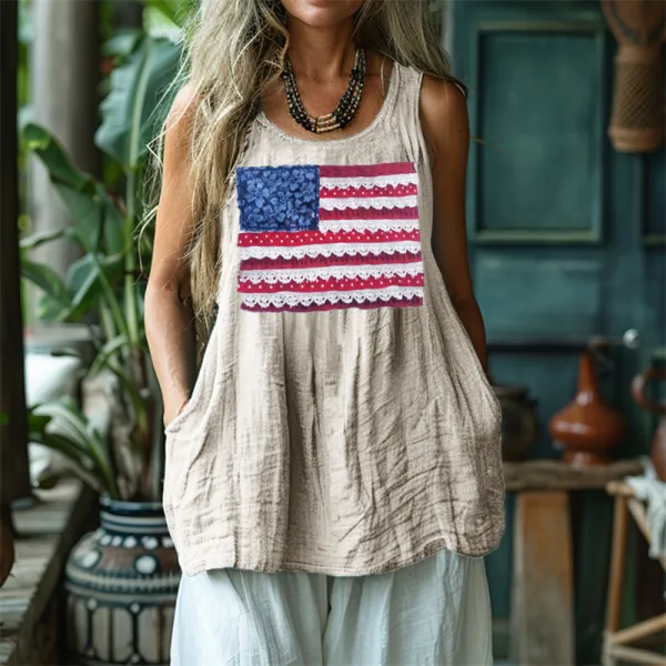 American Flag Fiber Art Patch Linen Tank Top