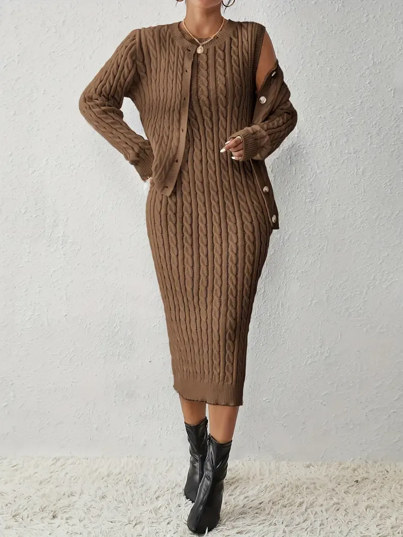 able Knit Solid Two-piece Set, Button Front Long Sleeve Tops & Crew Neck Sleeveless Dress Outfits - Cozy & Stylish - For Women - Perfect for Fall/Winter - Ideal Gift for Fashionable Ladies