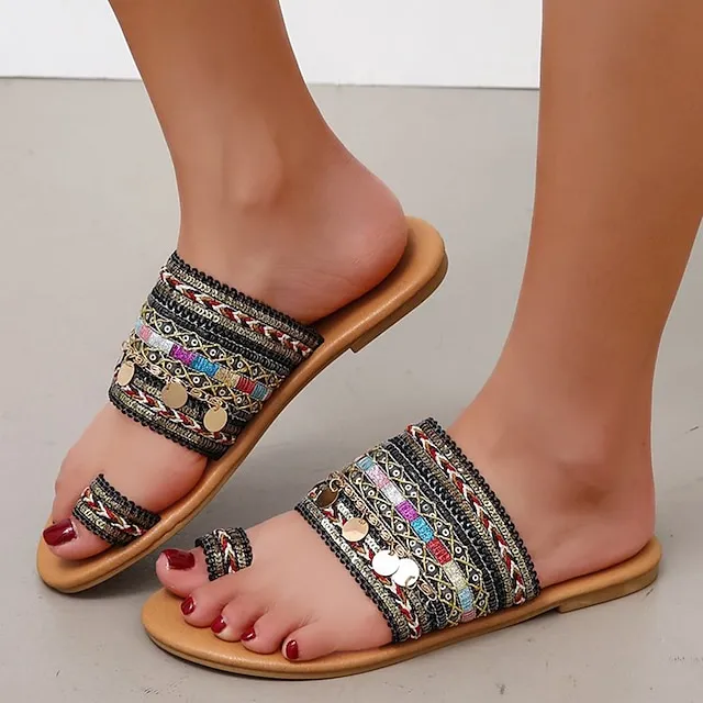 Women's Sandals Boho Bohemia Beach Flat Sandals Outdoor Slippers Outdoor Daily Beach Summer Sequin Flat Heel Open Toe Vintage Casual Minimalism Polyester Loafer Striped Black Red Green
