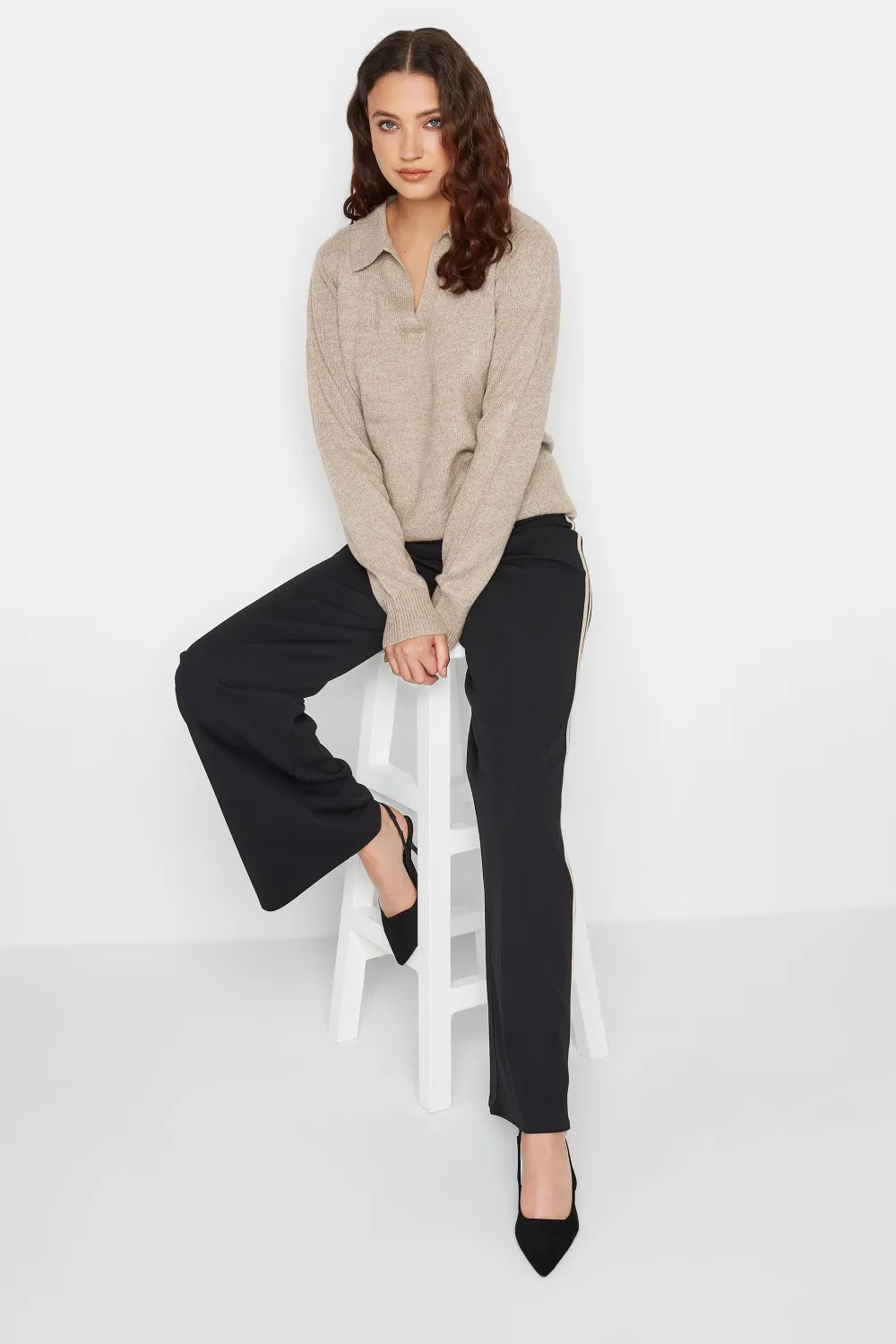 LTS Tall Beige Brown Open Collar Jumper