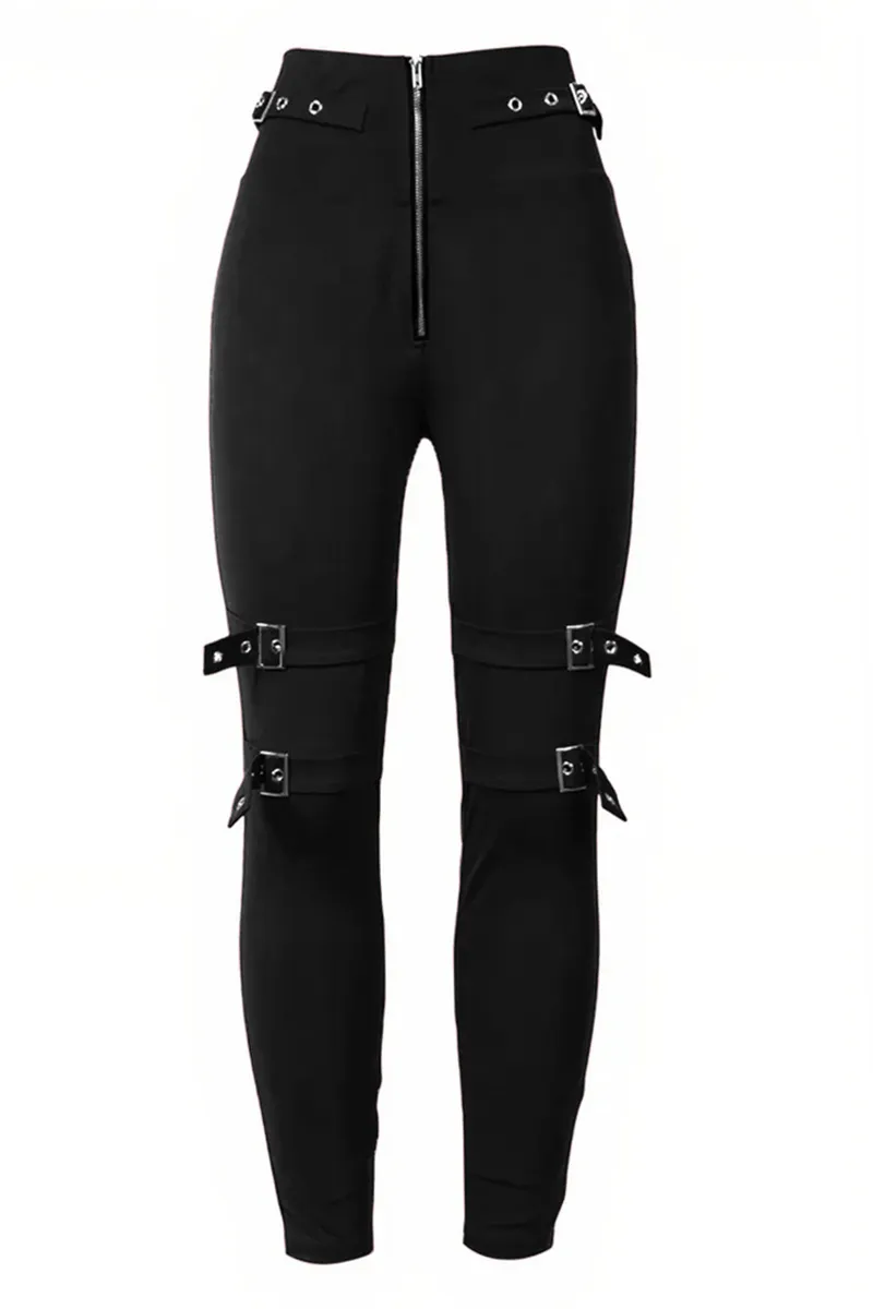 Zip Front Buckle Belted Skinny Pants