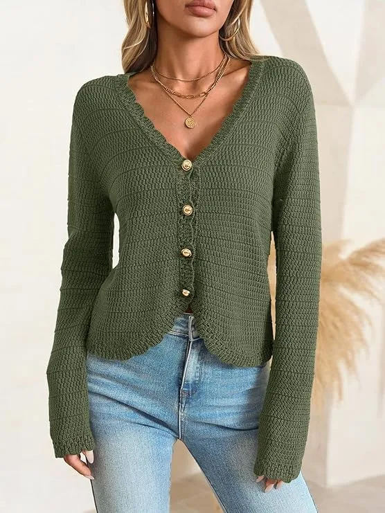 Women's V-Neck Cropped Boho Knit Cardigan