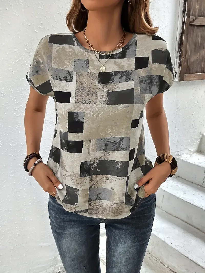 Graphic Print Crew Neck T-shirt, Short Sleeve Aztec Print Tops, Women's Clothing