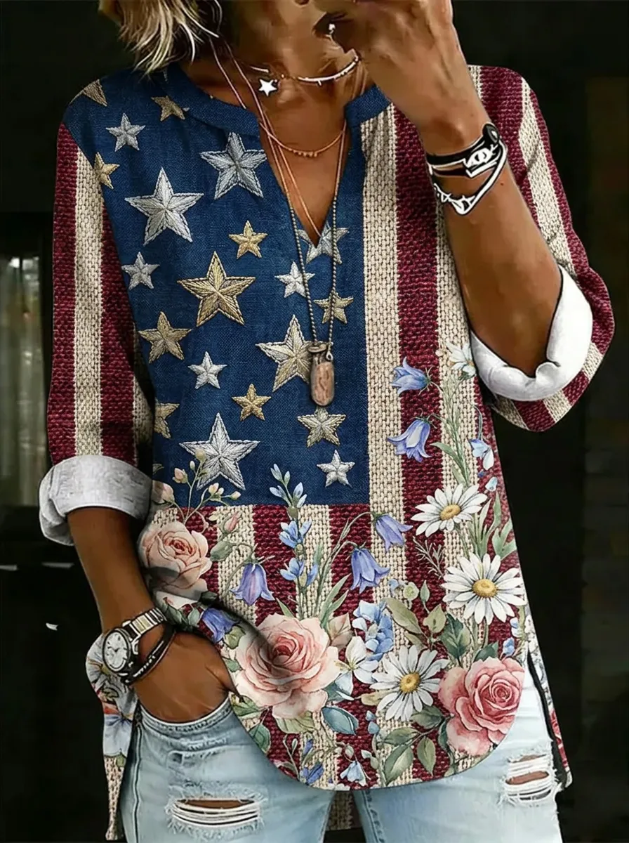 Women's Nashville American Flag Floral Printed V-neck Top