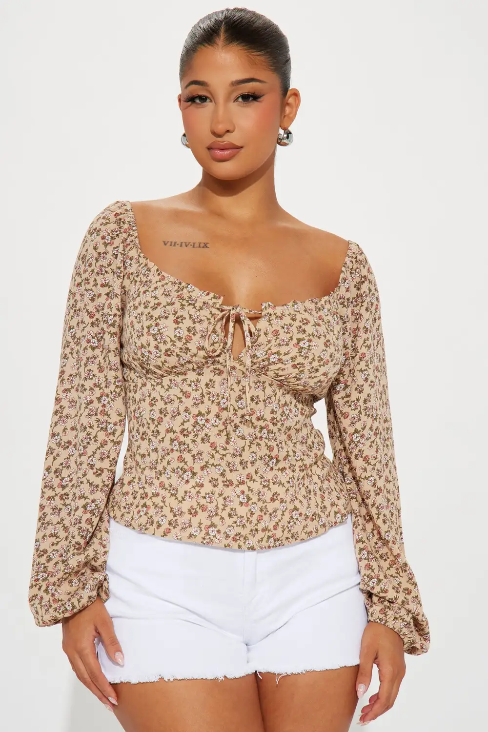 Sheba Floral Blouse Top - Taupe/combo