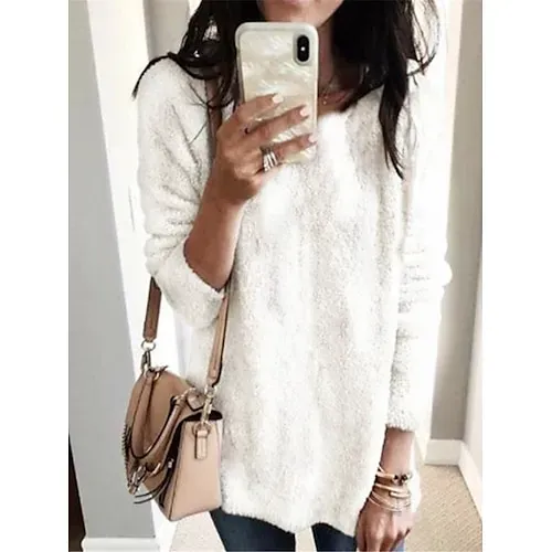 Women's Pullover Sweater Jumper Stylish Casual Soft Solid Color Fuzzy Crew Neck Oversized Long Sleeve Long Tops Knit Outdoor Daily Going out Lake blue ArmyGreen Fall Winter
