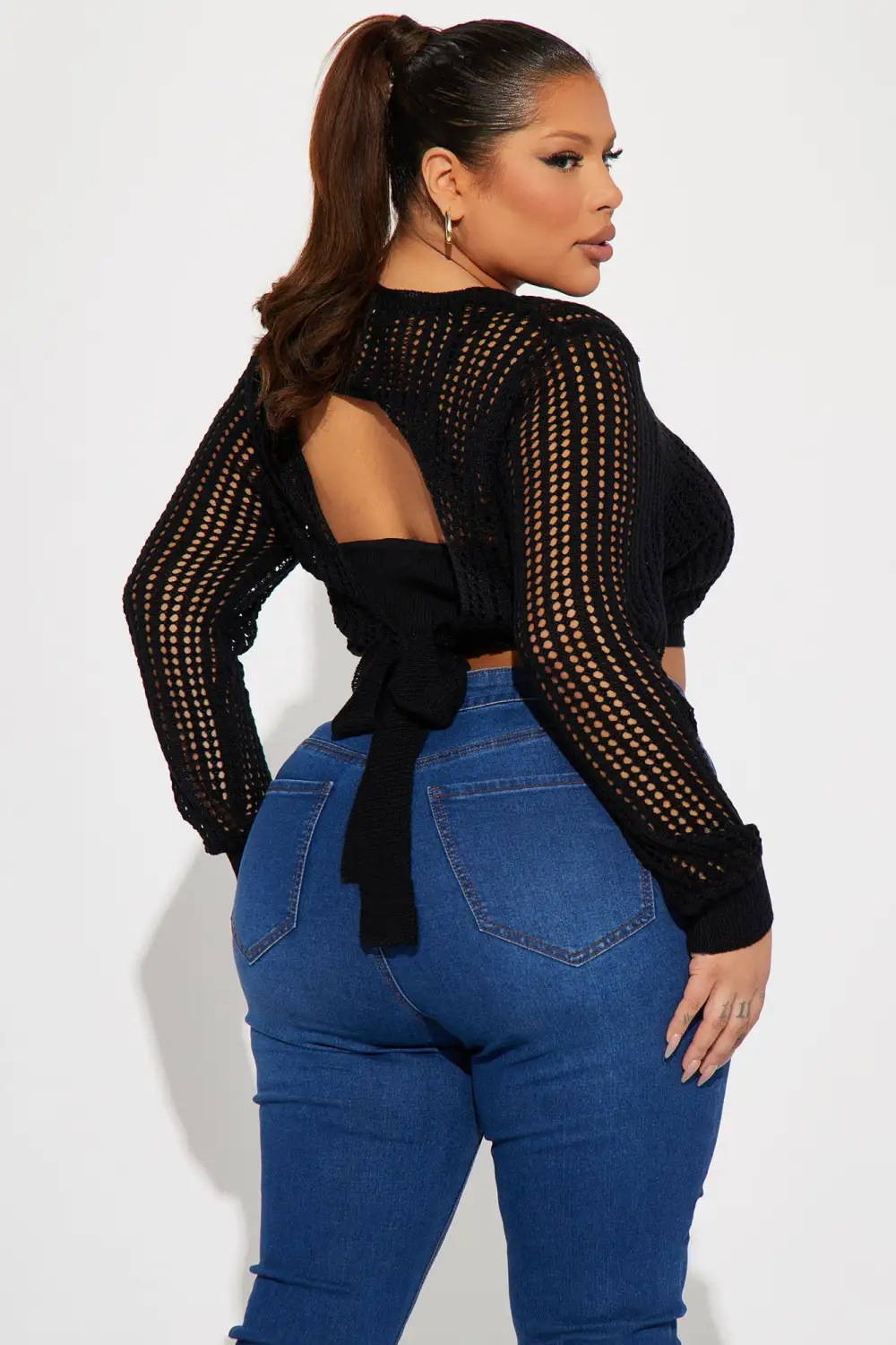 Heading Out Crochet Open Back Sweater - Black