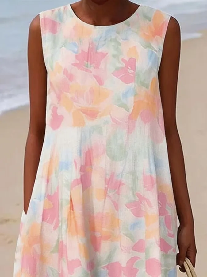 Women'S Round Neck Sleeveless Color-Block Printed Dress