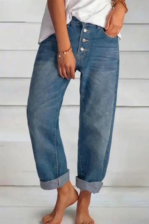 Loose Buttons Pockets Mid Waist Polyester Jeans Pants