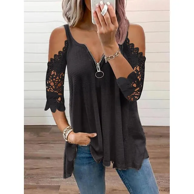 Blouse Women's Black White Solid Color Lace Lace Zipper Home Daily Basic S