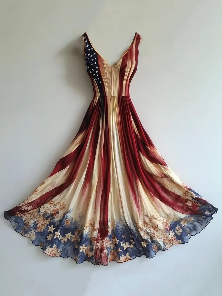 Women's Vintage Independence Day Floral Pattern V Neck Dress