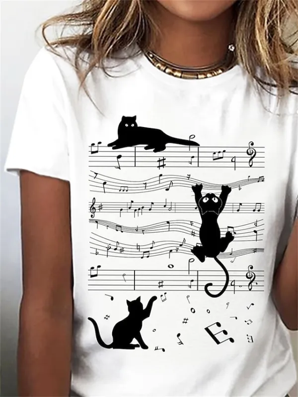 Women's T shirt Tee Cat Music White Print Short Sleeve Daily Weekend Basic Round Neck Regular Fit
