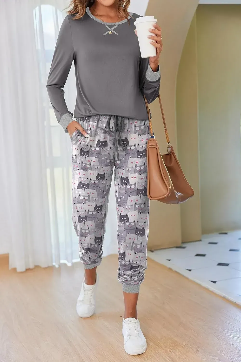 Women's Pajamas Sets Long Sleeve with Plaid Pants Soft Sleepwear O Neck 2 Piece Pjs Joggers Loung Set with Pockets