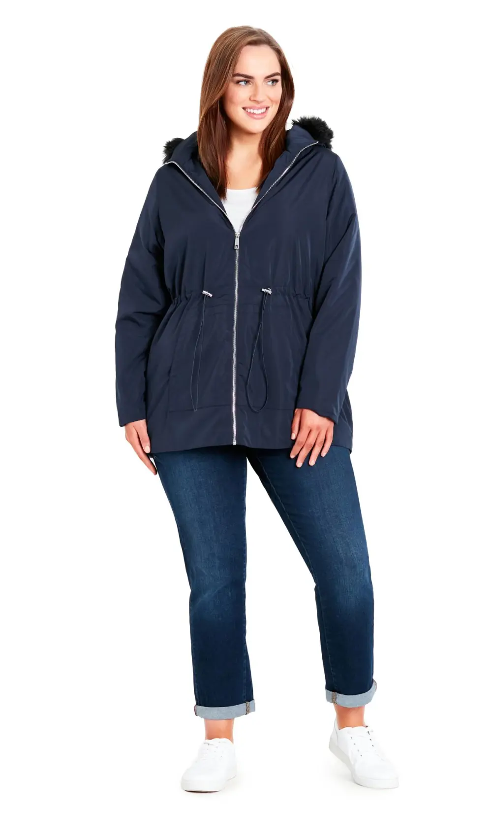 Evans Navy Blue Faux Fur Hooded Parka Coat