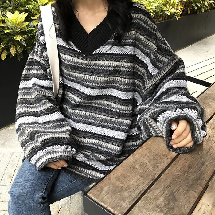 Loose V-neck Striped Sweater