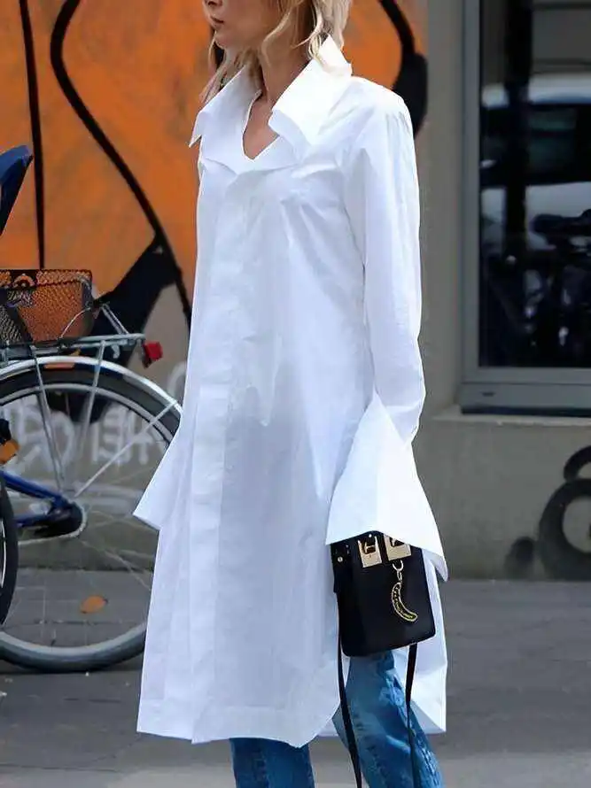 Casual Flared Sleeves Long Sleeves Split-Side Solid Color Lapel Collar Blouses Shirt Dress