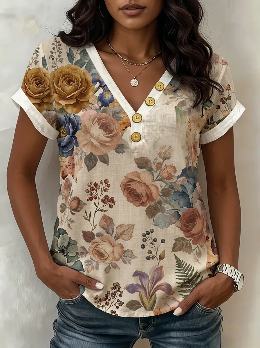 Women's Nashville Floral Rose Pattern Printed V-Neck Button Top