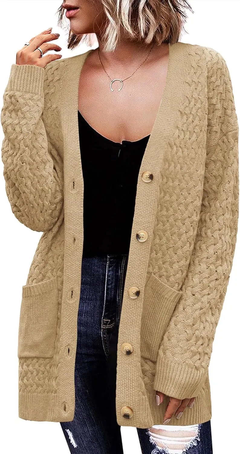 Womens 2024 Long Sleeve Chunky Cable Knit Fall Cardigans Sweaters Button Down Open Front Outerwear with Pockets